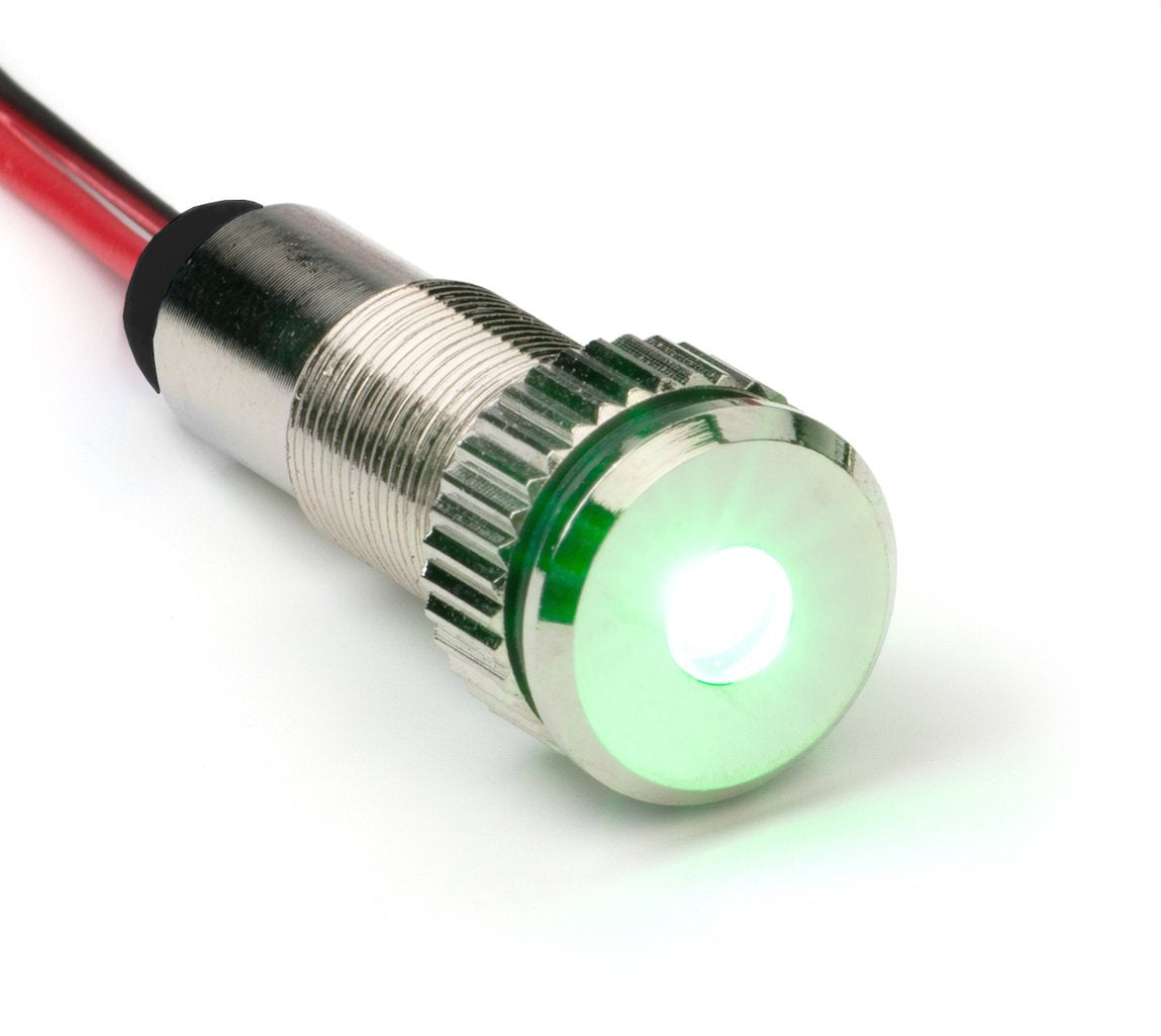 Plug-N-Play Instrument Cluster Led Indicator Light Dash Bulbs. Aluminum Pilot Lights. Color Acrylic Lens. Flush Panel Mount 5/16" 8Mm 12V For Speedometer Odometer Tachometer (Silver Bezel, Green Led)